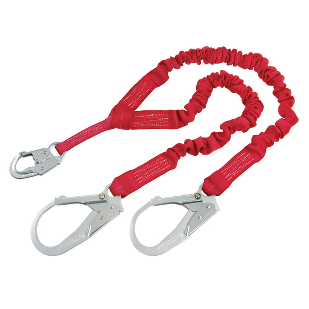 A shock-absorbing lanyard may stretch up to