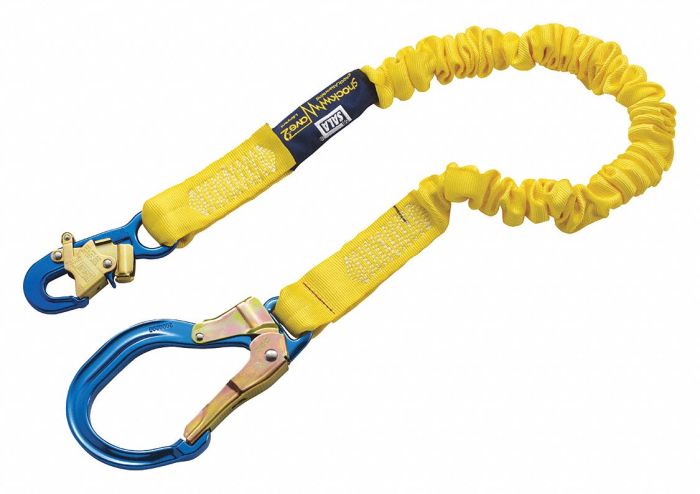 A shock-absorbing lanyard may stretch up to