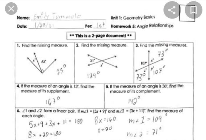 Unit 1 geometry basics homework 1 answer key